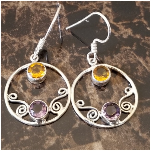 Genuine Yellow Topaz and Amethyst Earrings 1.50" - Picture 1 of 4